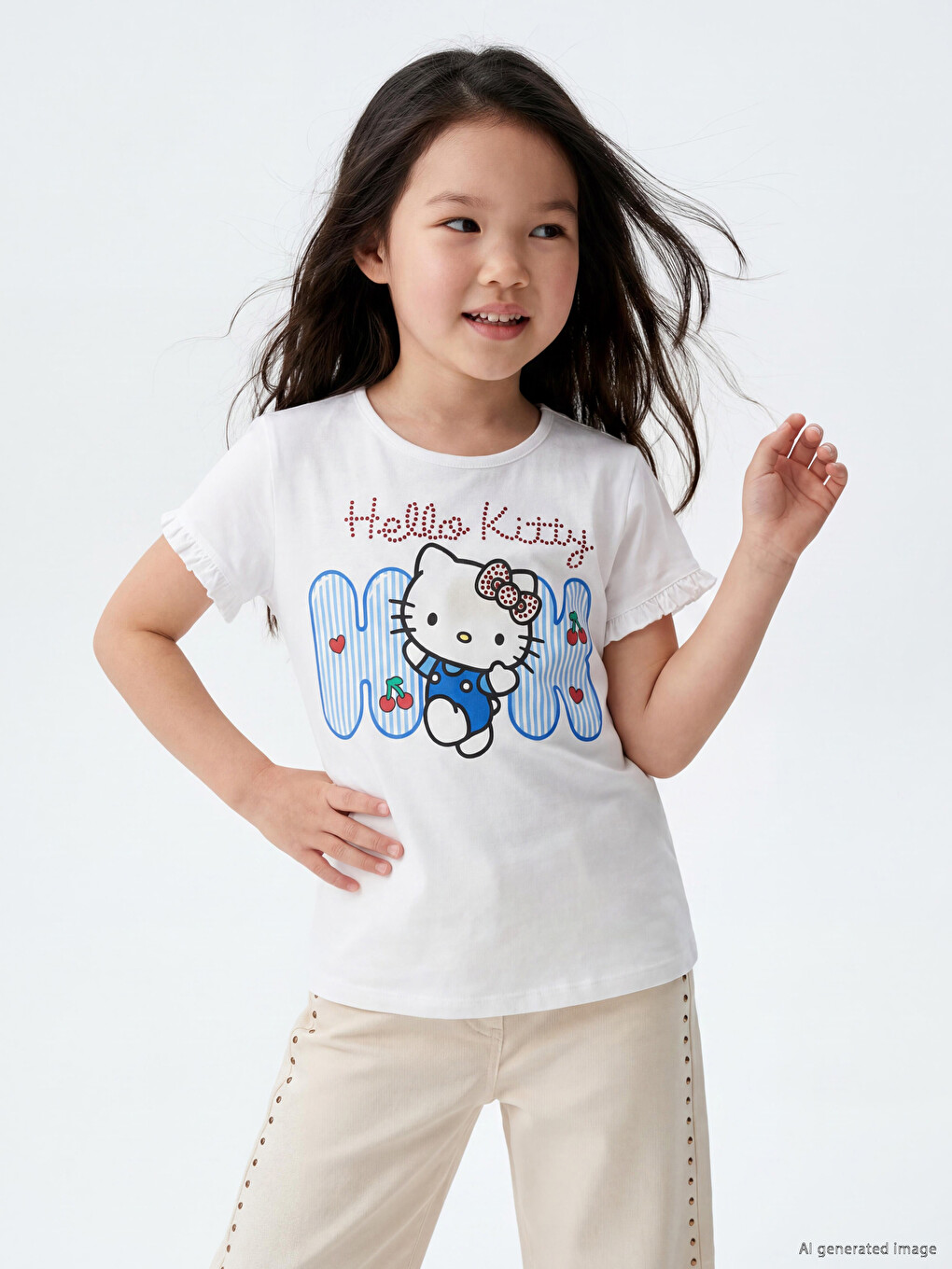Beyaz Bisiklet Yaka Hello Kitty Baskılı Kız Çocuk Tişört