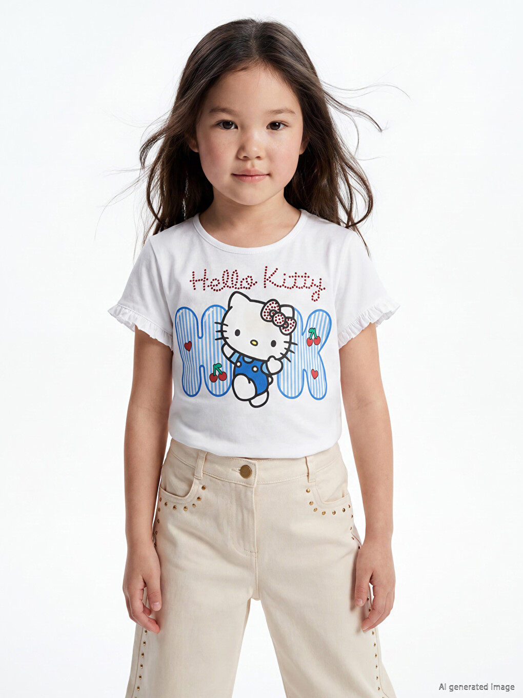 Beyaz Bisiklet Yaka Hello Kitty Baskılı Kız Çocuk Tişört-1