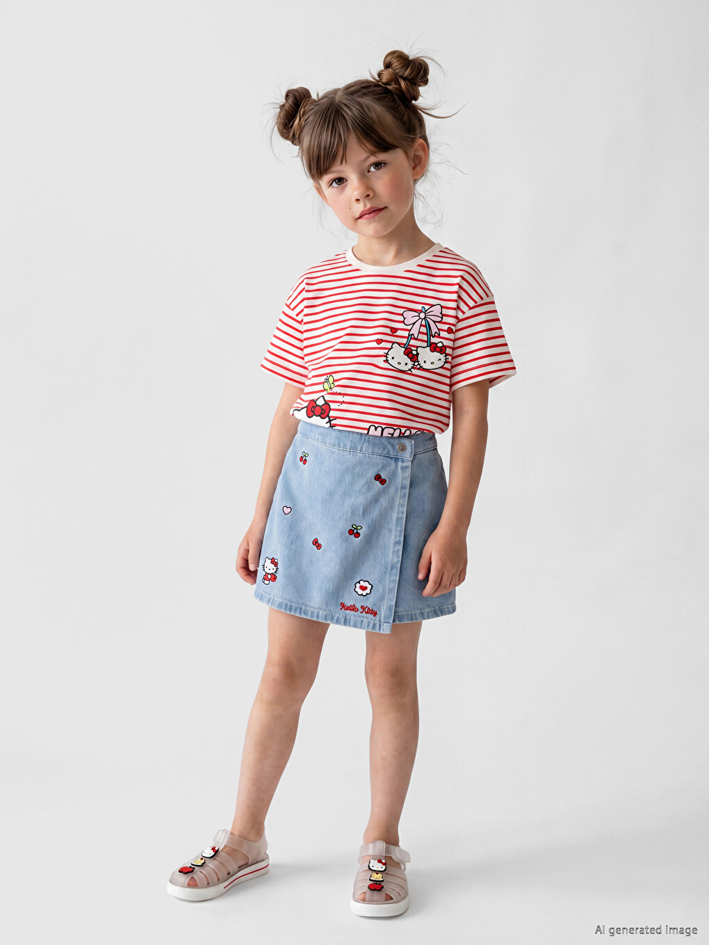 Fustă-pantalon din blugi Hello Kitty brodată pentru fete
