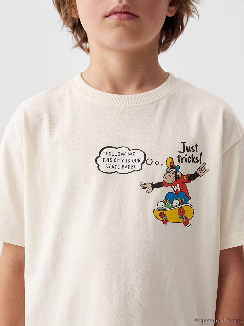 Ekru Nostaljik Maymun Baskılı Unisex Çocuk Tişört-2