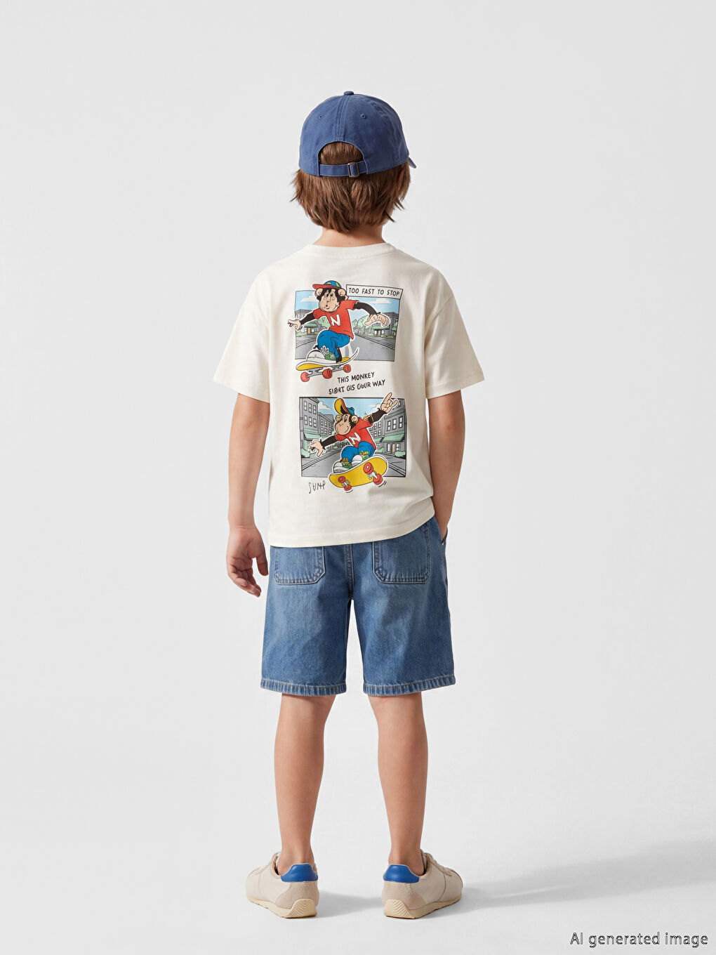 Ekru Nostaljik Maymun Baskılı Unisex Çocuk Tişört-3