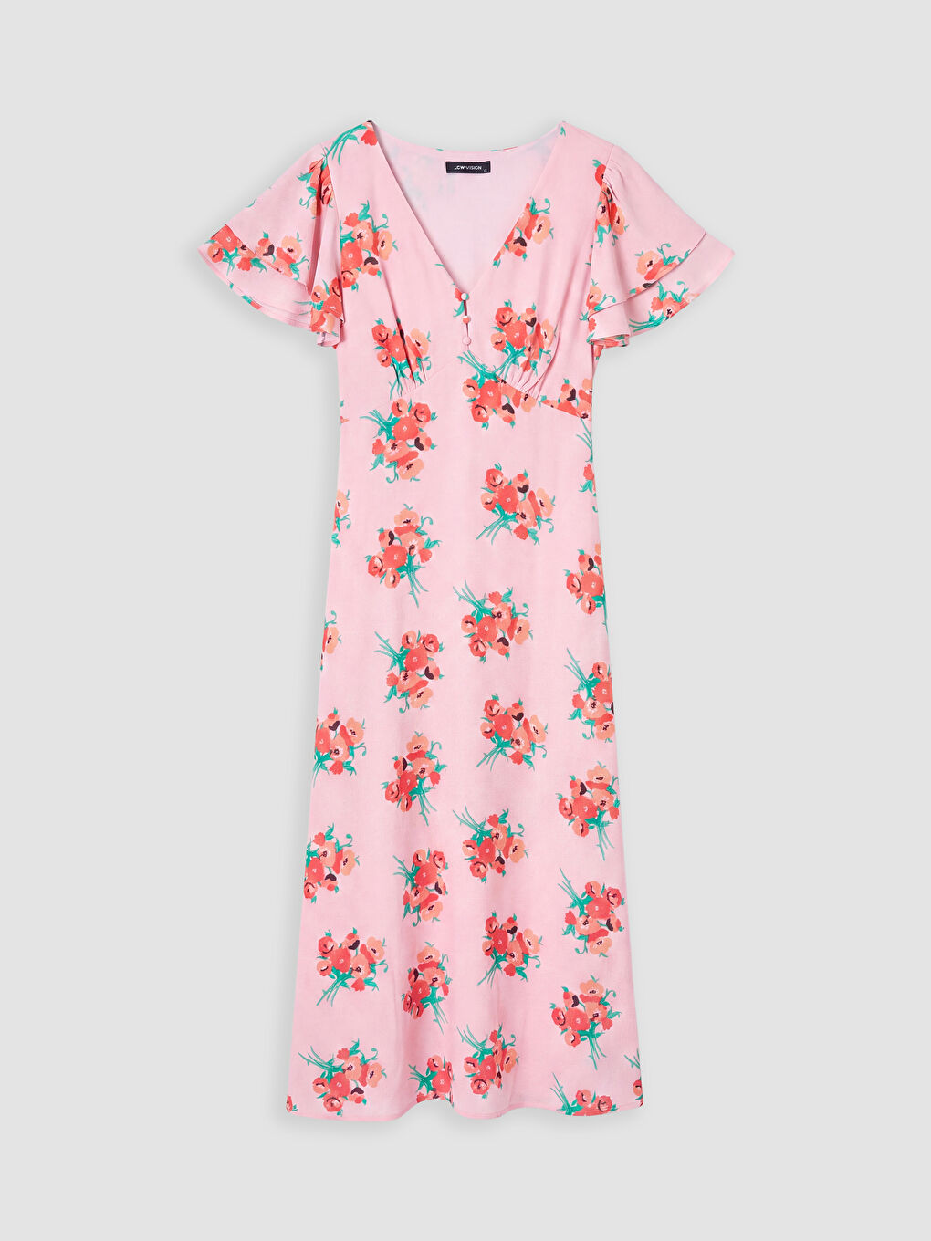 Pembe V Yaka Beli Kuşaklı Çiçekli Elbise