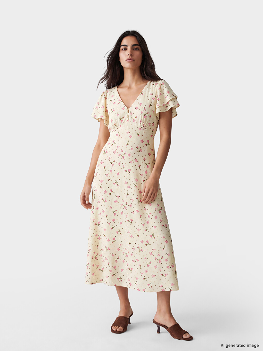 V Neck Floral Waist Fitted Dress