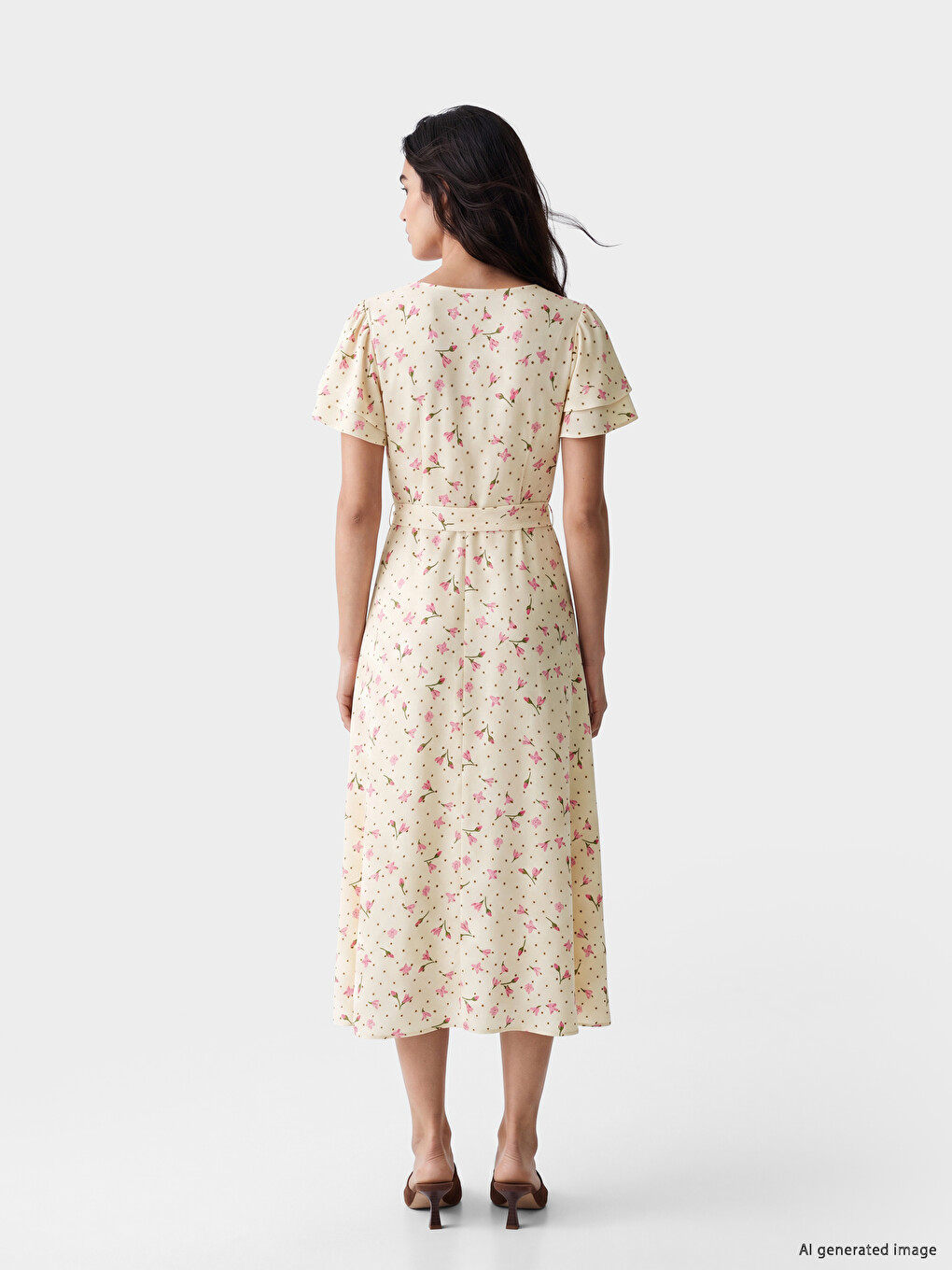 V Neck Floral Waist Fitted Dress-2
