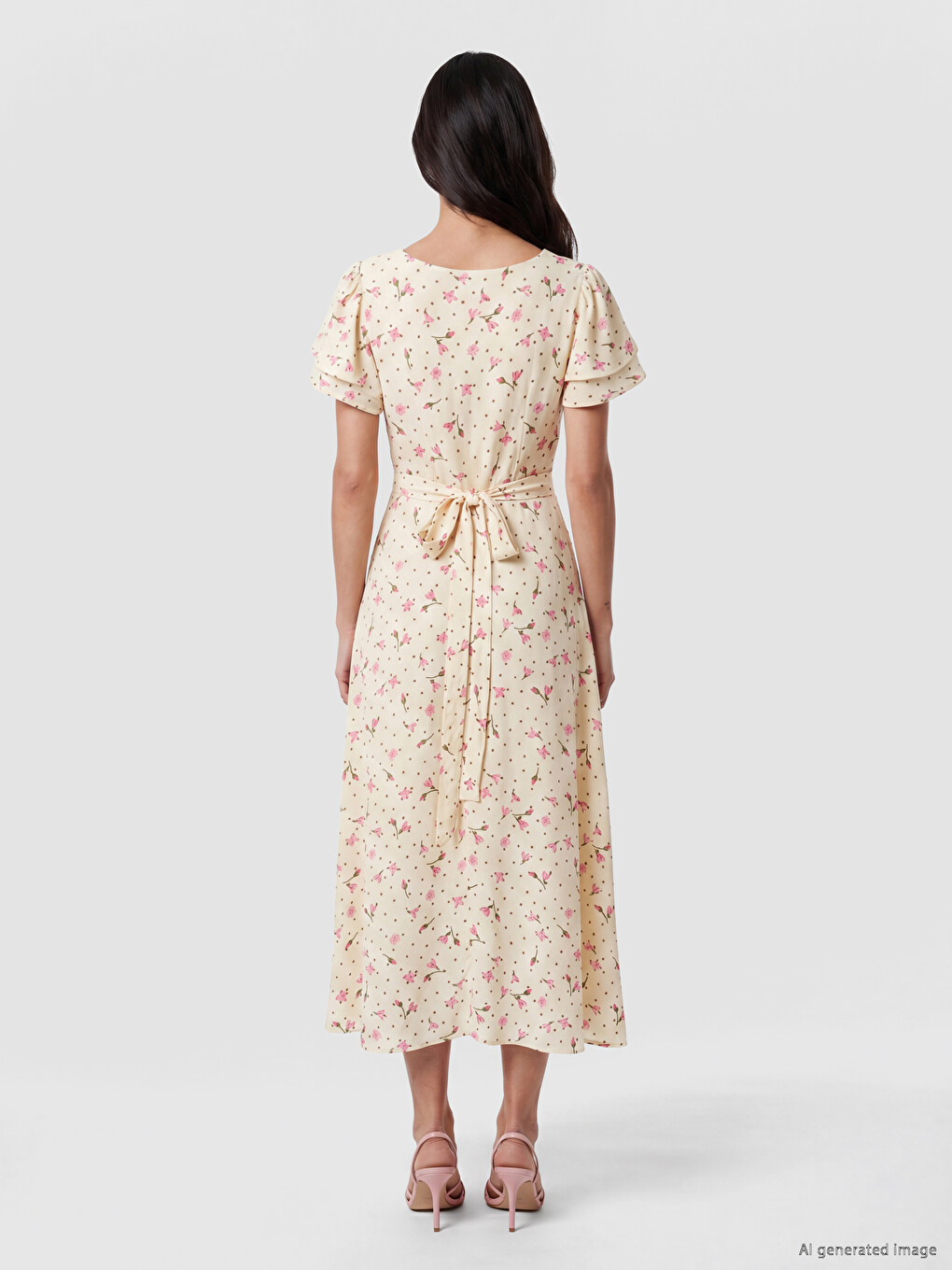 V Neck Floral Waist Fitted Dress-3