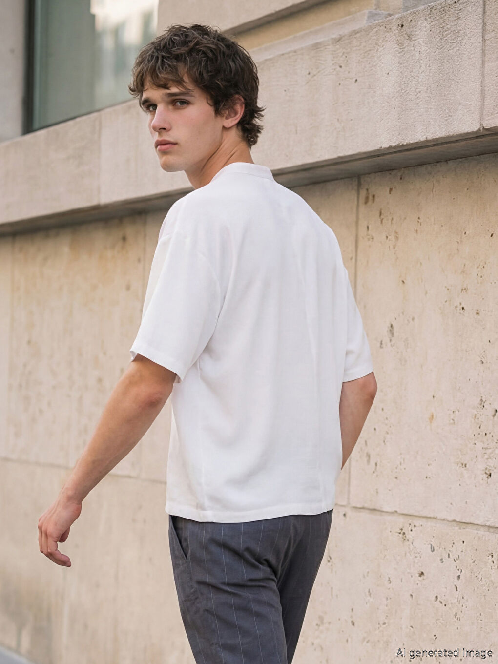 Beyaz Bisiklet Yaka Erkek Tişört-2