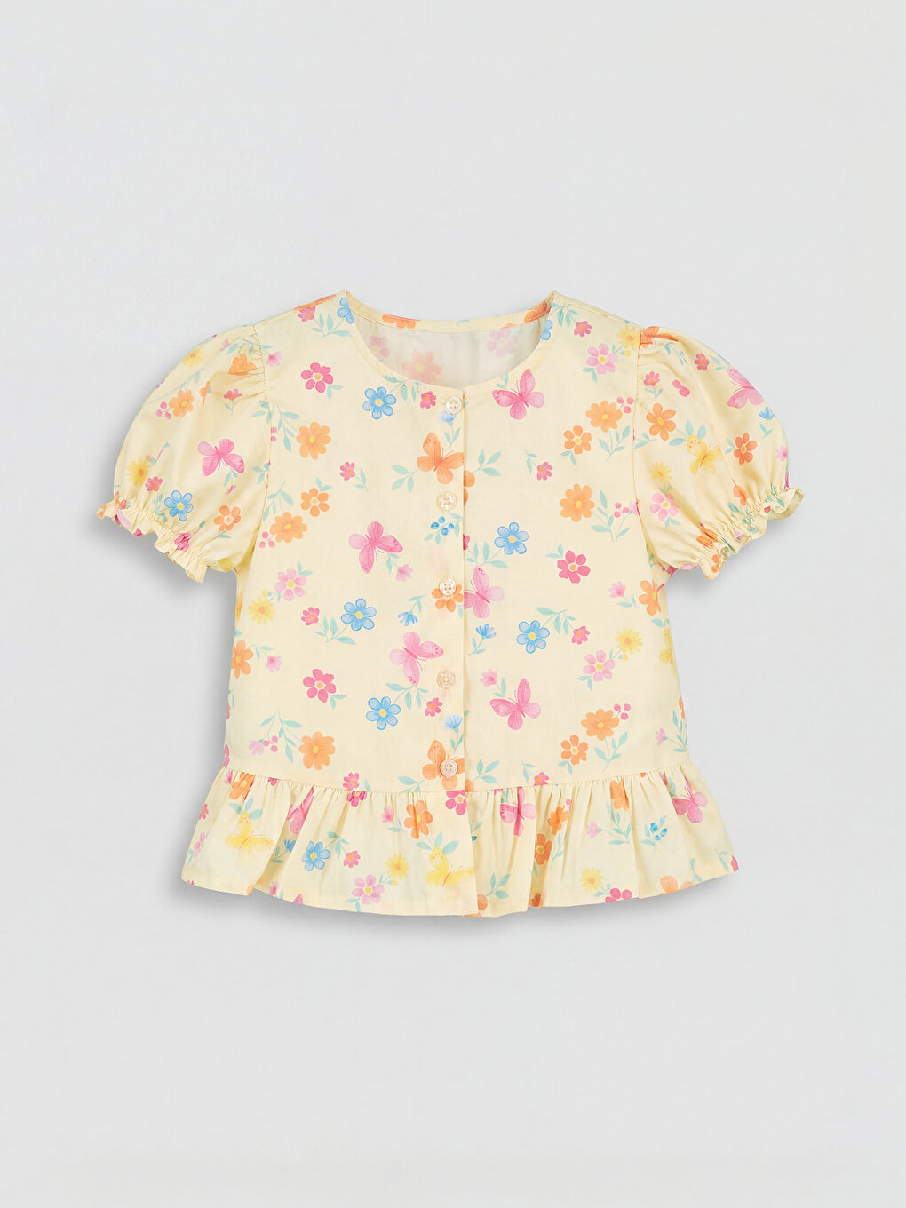 Ekru Fırfırlı Keten Görünümlü Kız Çocuk Gömlek