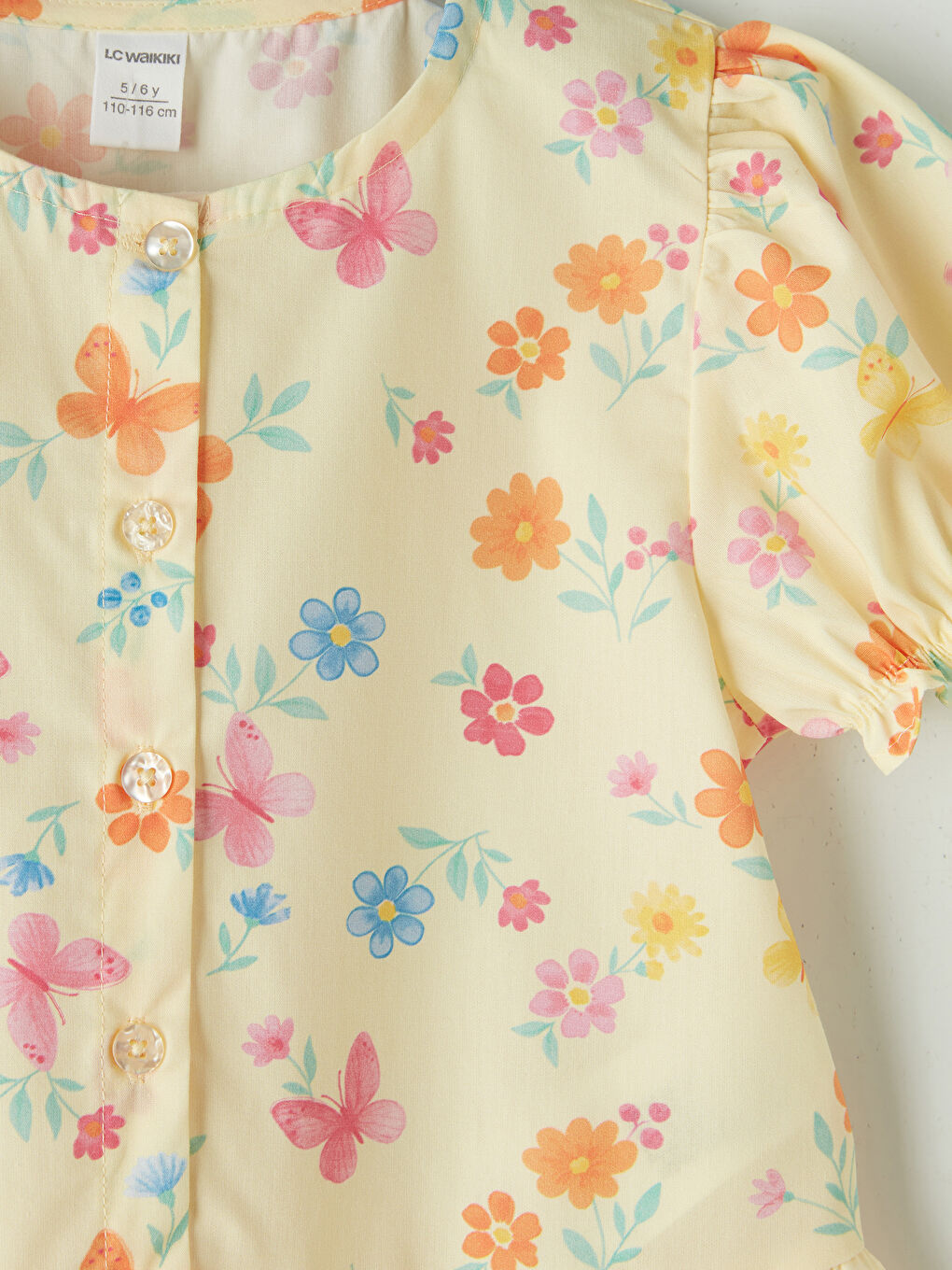 Ekru Fırfırlı Keten Görünümlü Kız Çocuk Gömlek-2