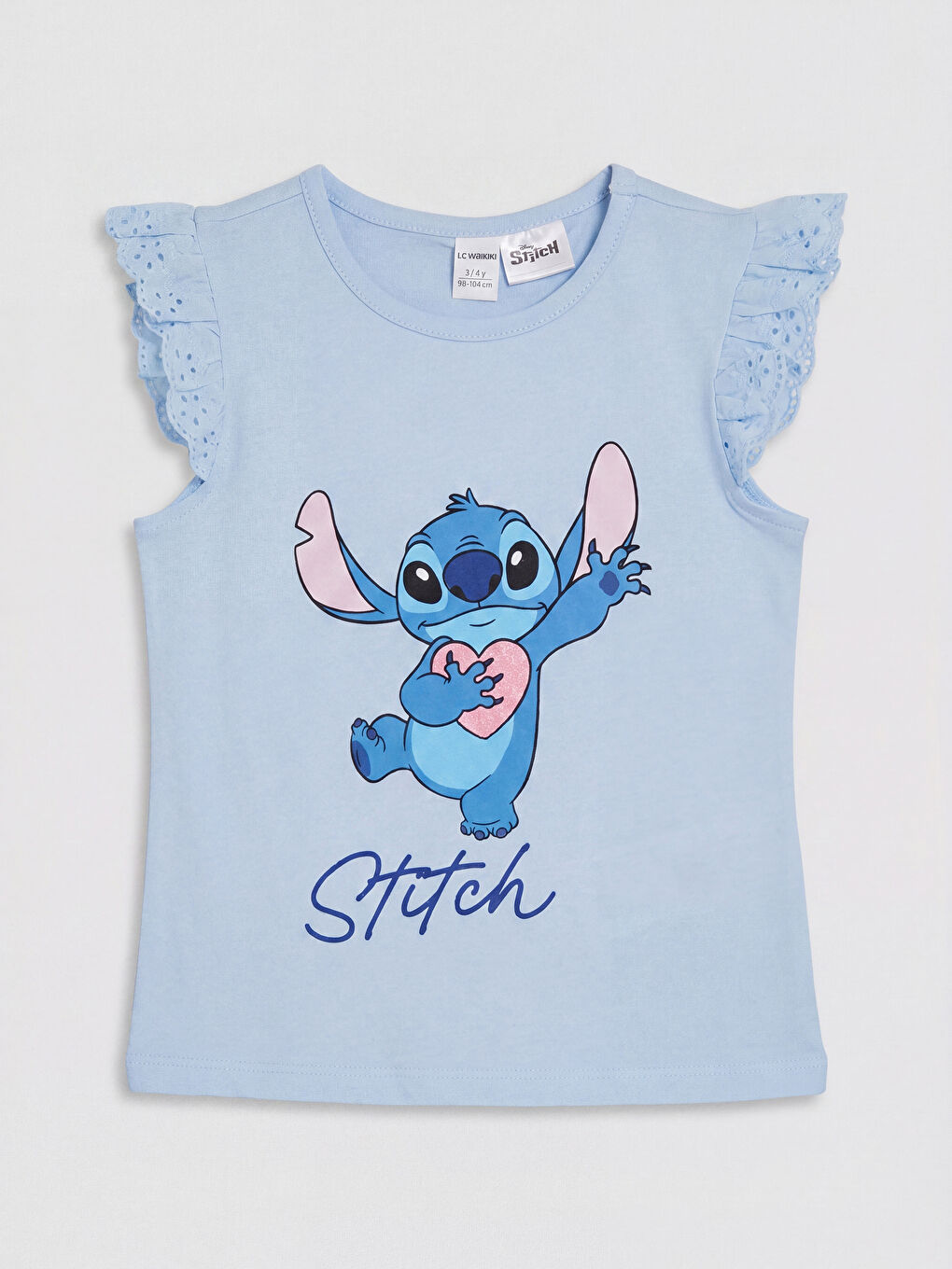 Mavi Lilo & Stitch Baskılı Fırfırlı Kız Çocuk Tişört
