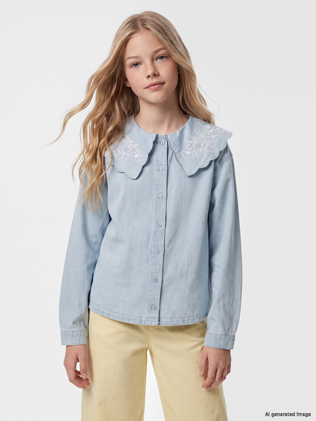 Peter Pan Collar Girls' Denim Shirt-1