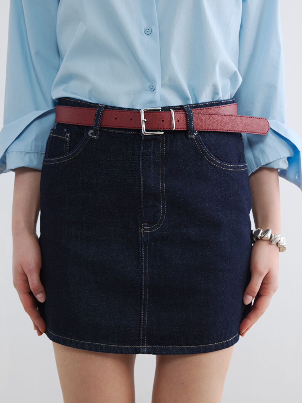 Μίνι τζιν φούστα με ζώνη στη μέση-2