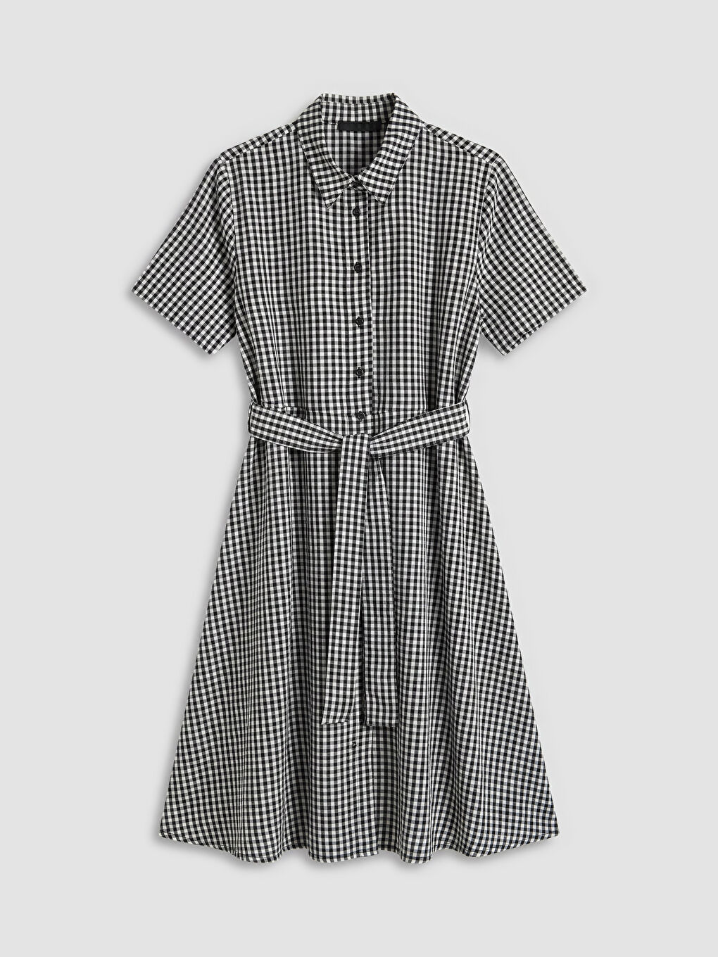 Siyah Ekose Kuşaklı Gömlek Elbise