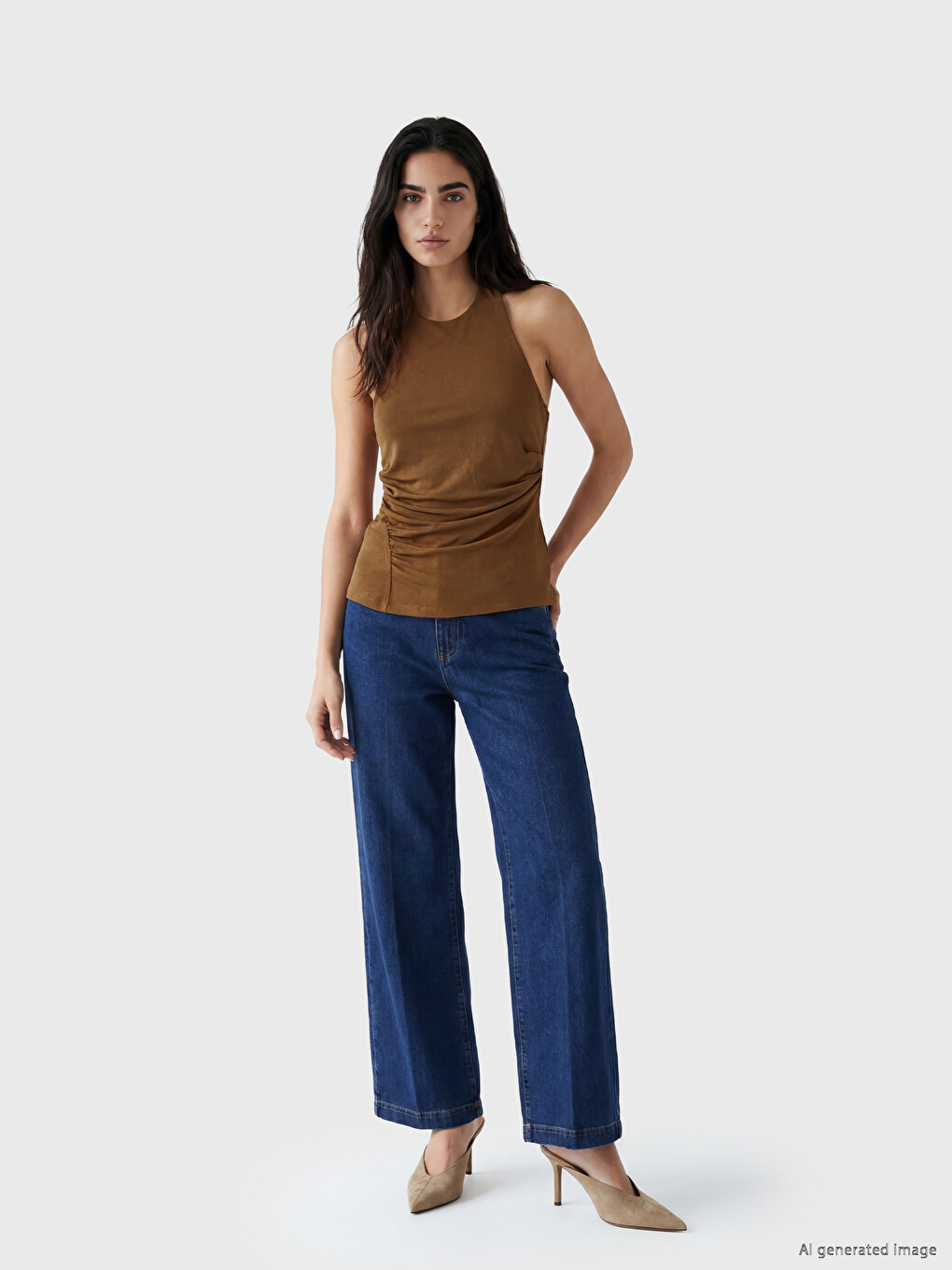 Kahverengi Halter Yaka Büzgülü Bluz-1