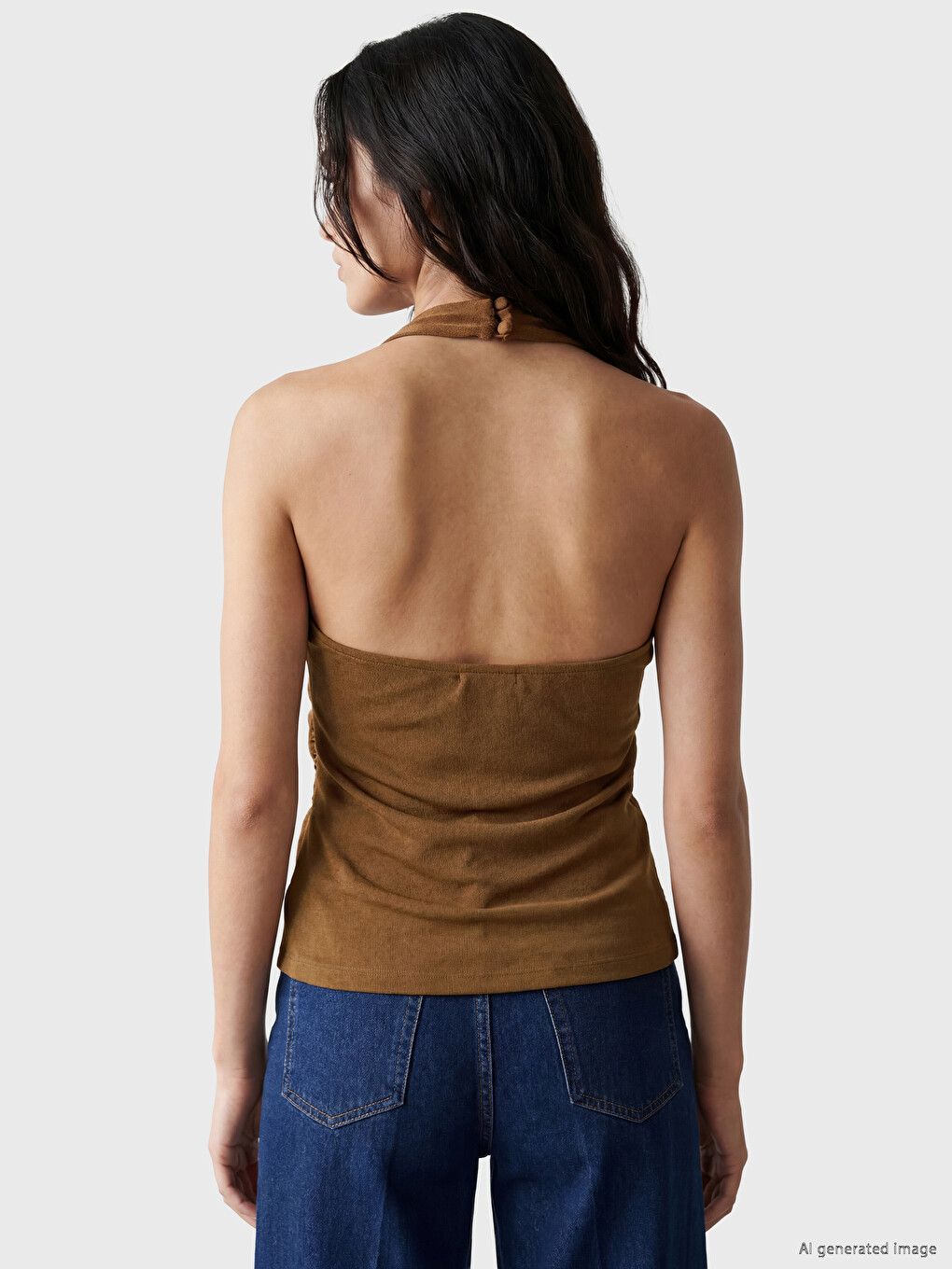 Kahverengi Halter Yaka Büzgülü Bluz-3