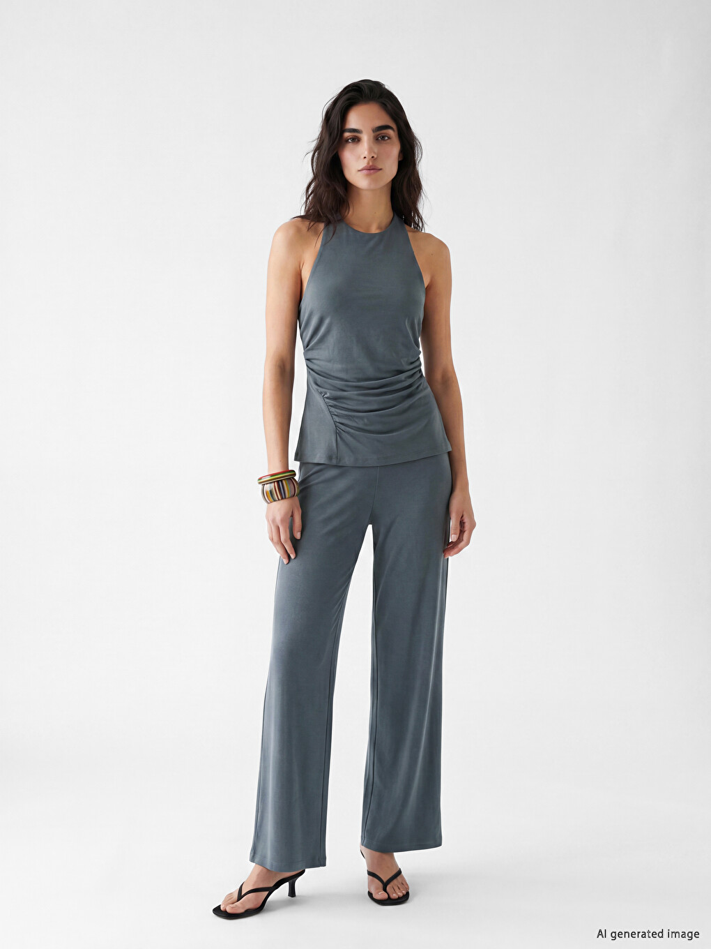 Mavi Halter Yaka Büzgülü Bluz-1