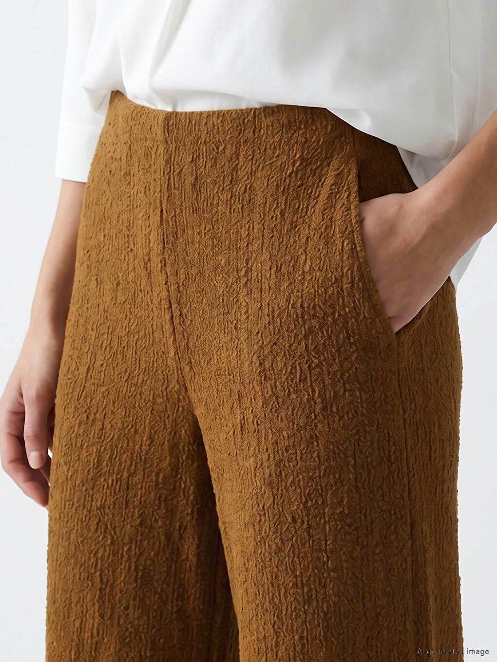 Sarı Beli Lastikli Dokulu Kadın Pantolon-2