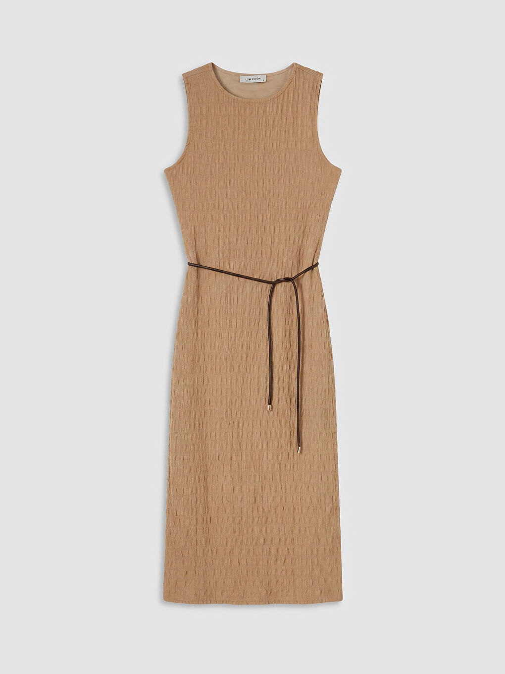 Bej Bisiklet Yaka Kemerli Dokulu Elbise