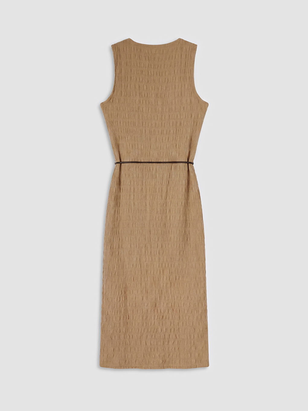 Bej Bisiklet Yaka Kemerli Dokulu Elbise-1