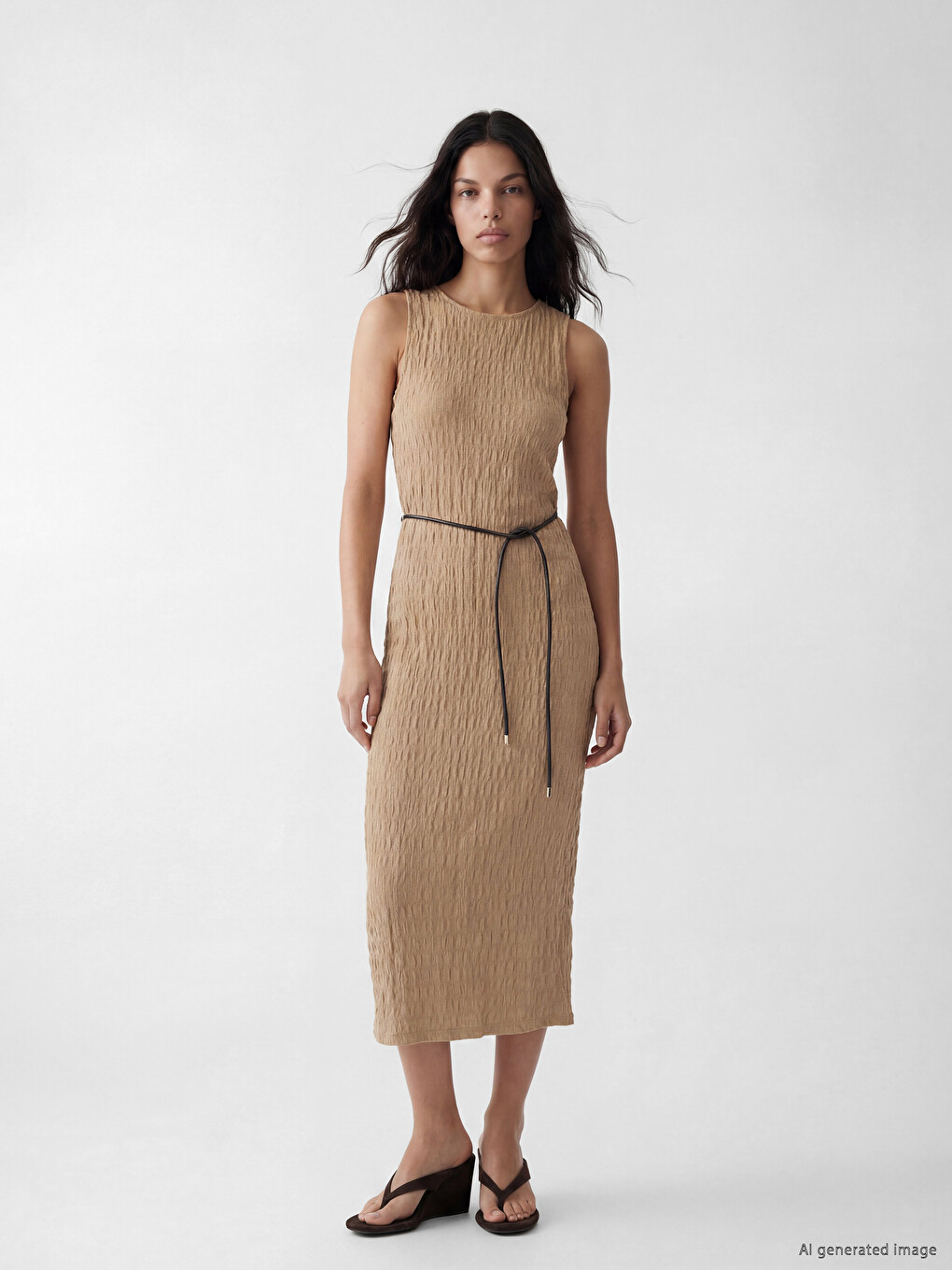 Crew Neck Belted Textured Dress