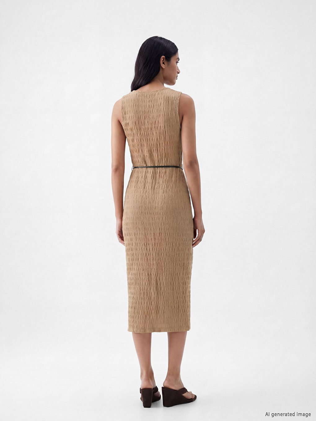 Crew Neck Belted Textured Dress-3