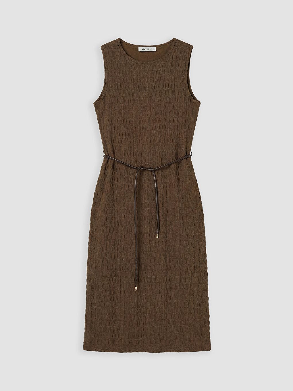 Crew Neck Belted Textured Dress