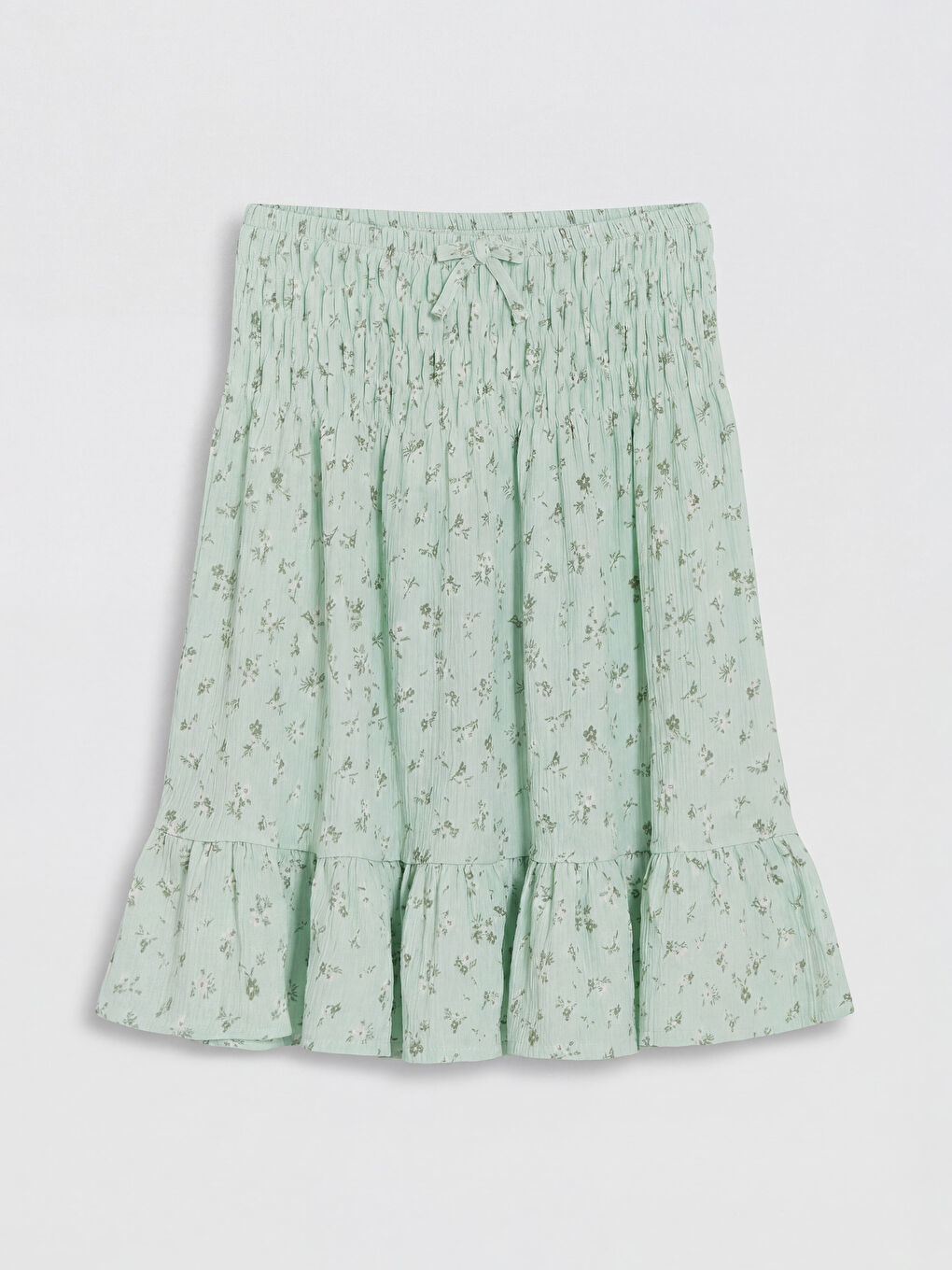 Yeşil Beli Lastikli Çiçek Desenli Kız Çocuk Etek