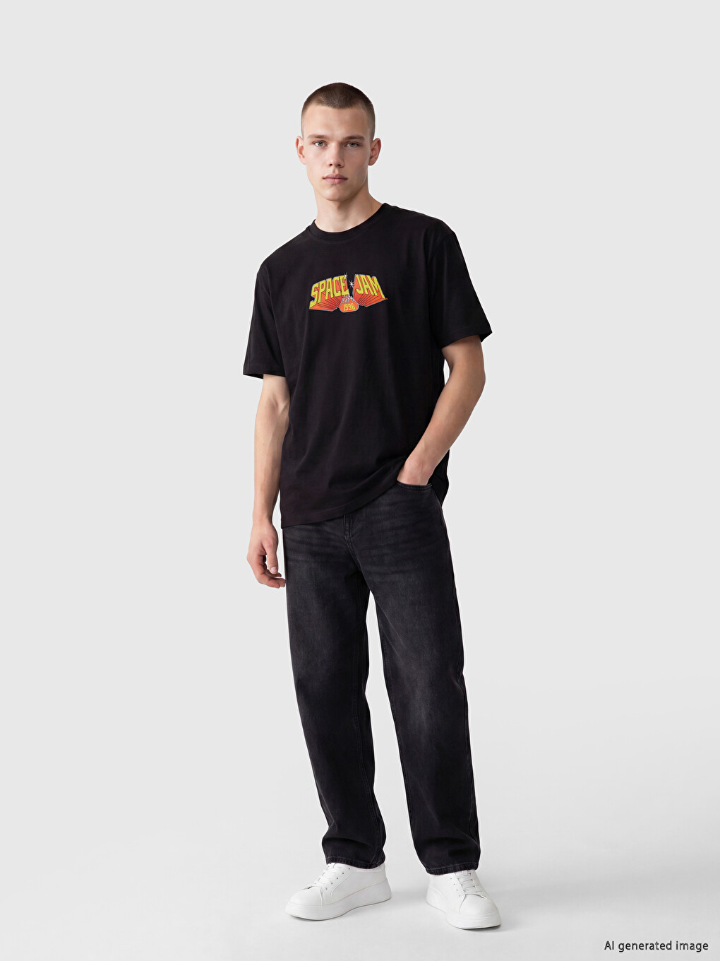 T-shirt Space Jam i stampuar me prerje të relaksuar për burra-1