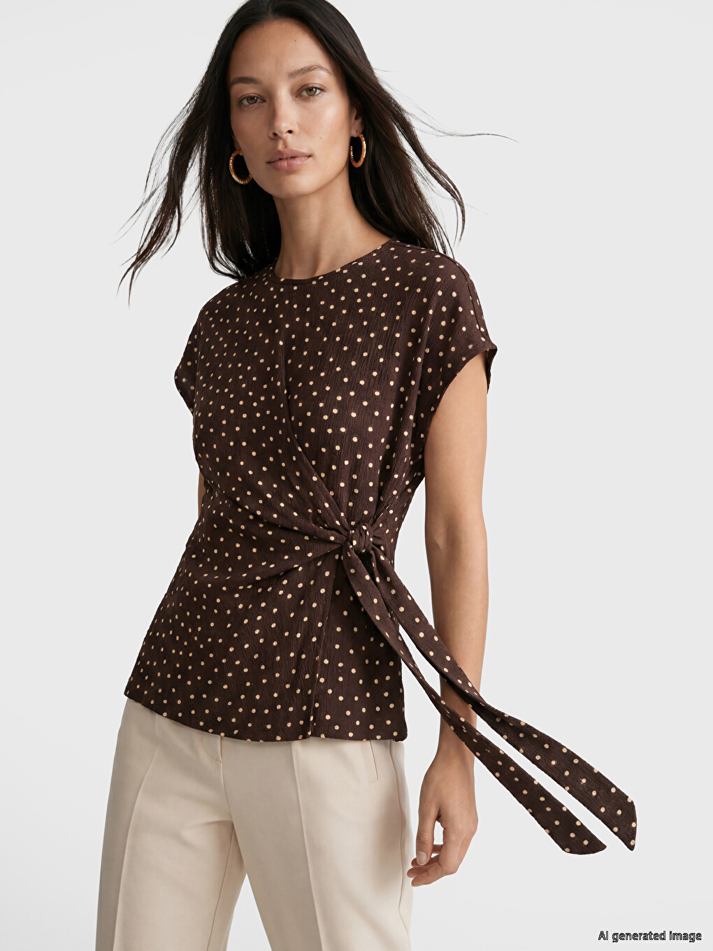 Crew Neck Polka Dot Tied Blouse