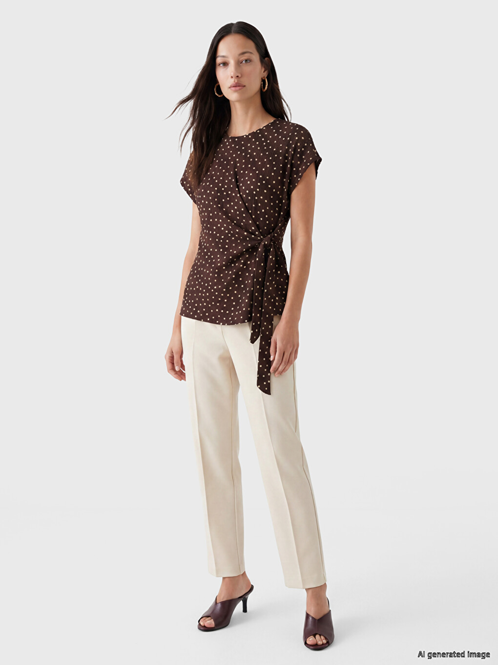 Crew Neck Polka Dot Tied Blouse-1