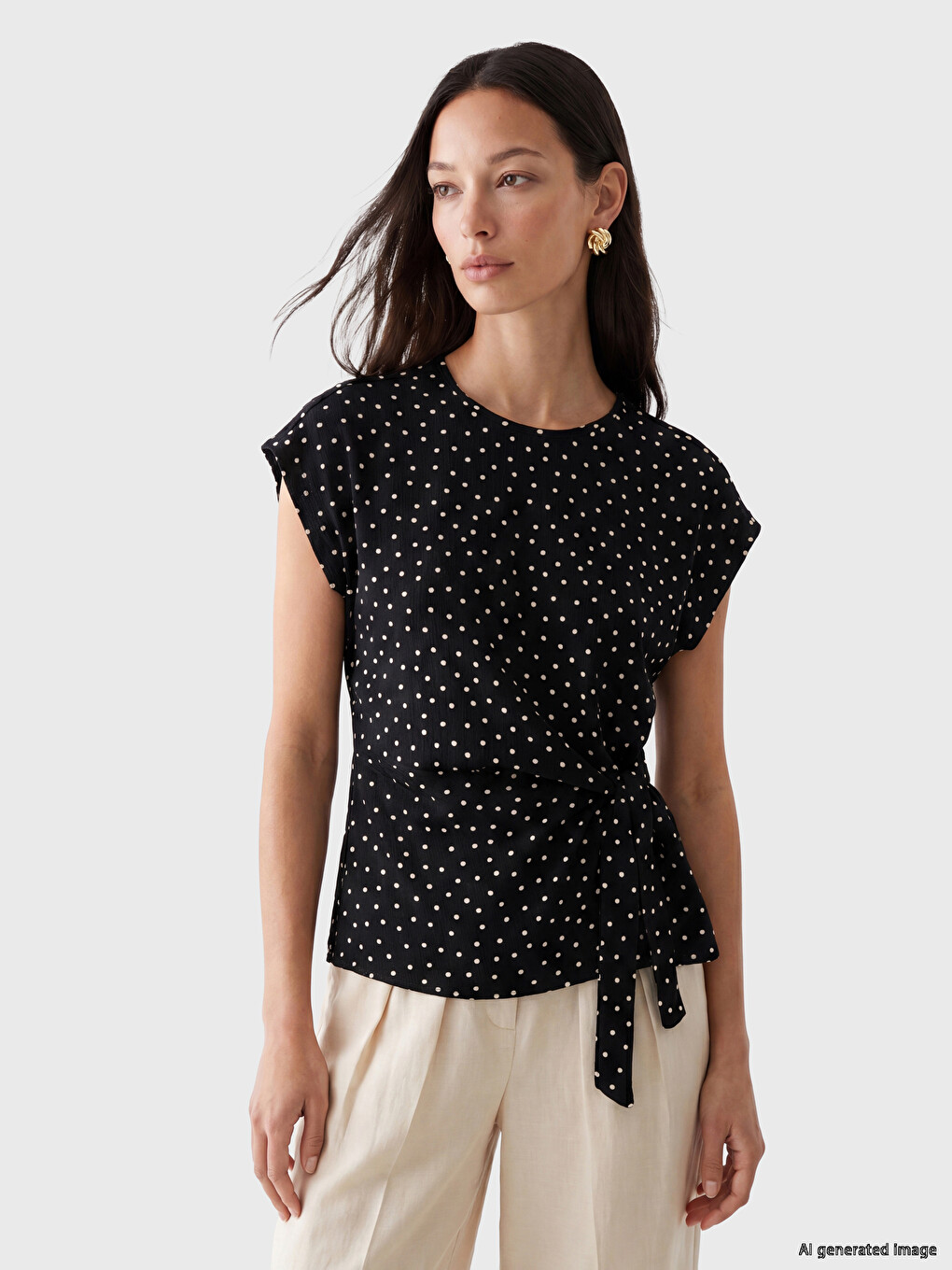 Crew Neck Polka Dot Tied Blouse