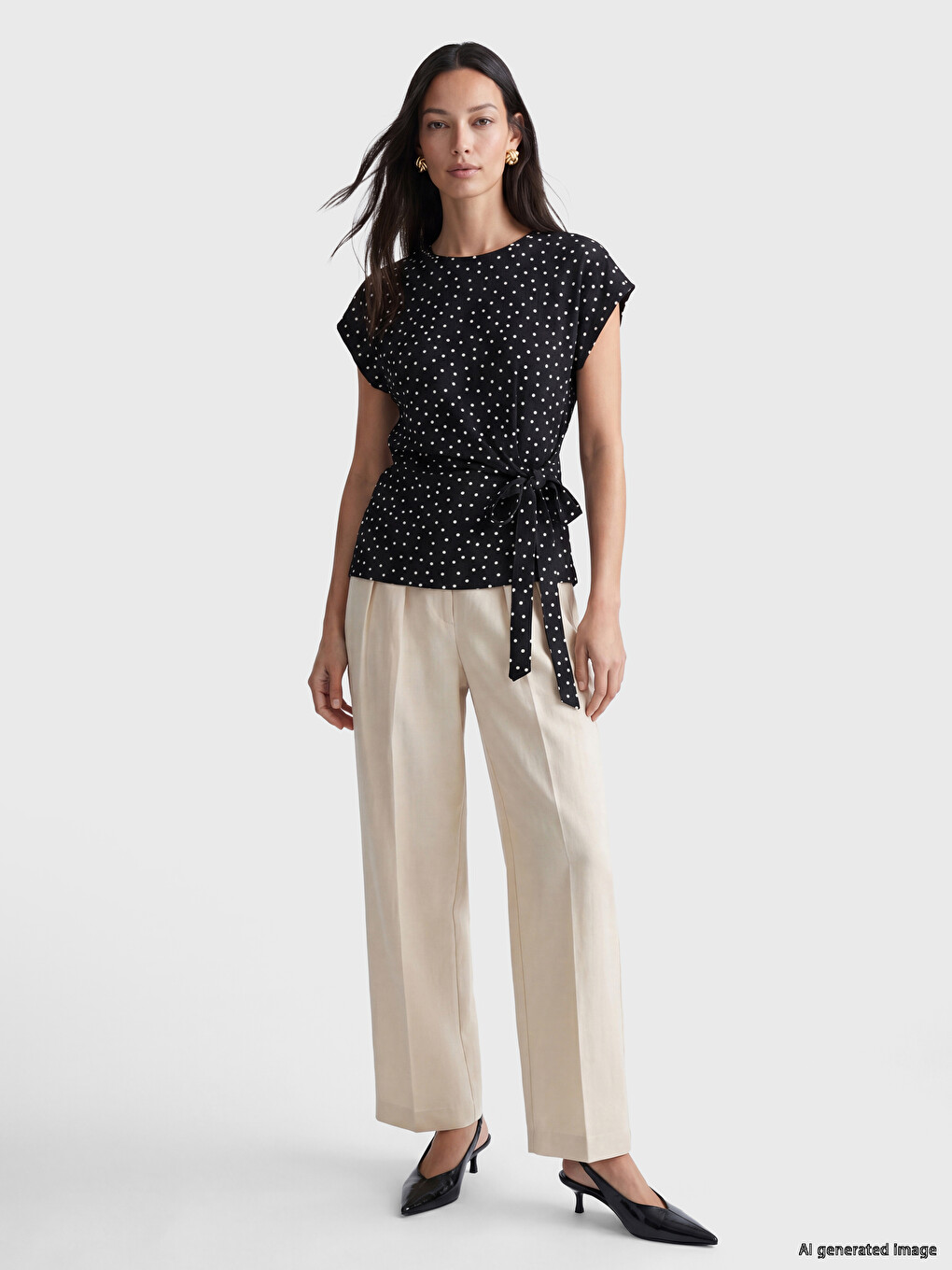 Crew Neck Polka Dot Tied Blouse-1