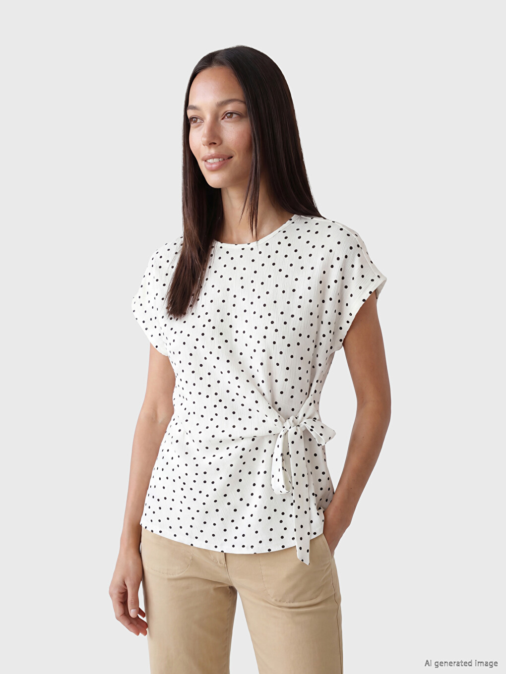 Crew Neck Polka Dot Tied Blouse