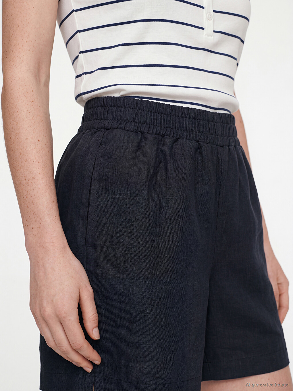 Elastic Waist %100 Linen Women's Shorts-2