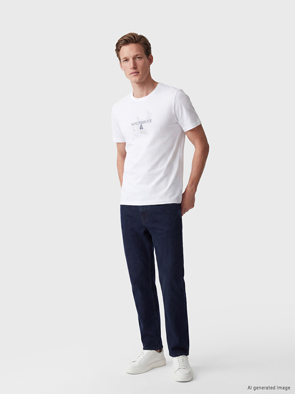 Beyaz Regular Fit Bisiklet Yaka Baskılı Erkek Tişört-1