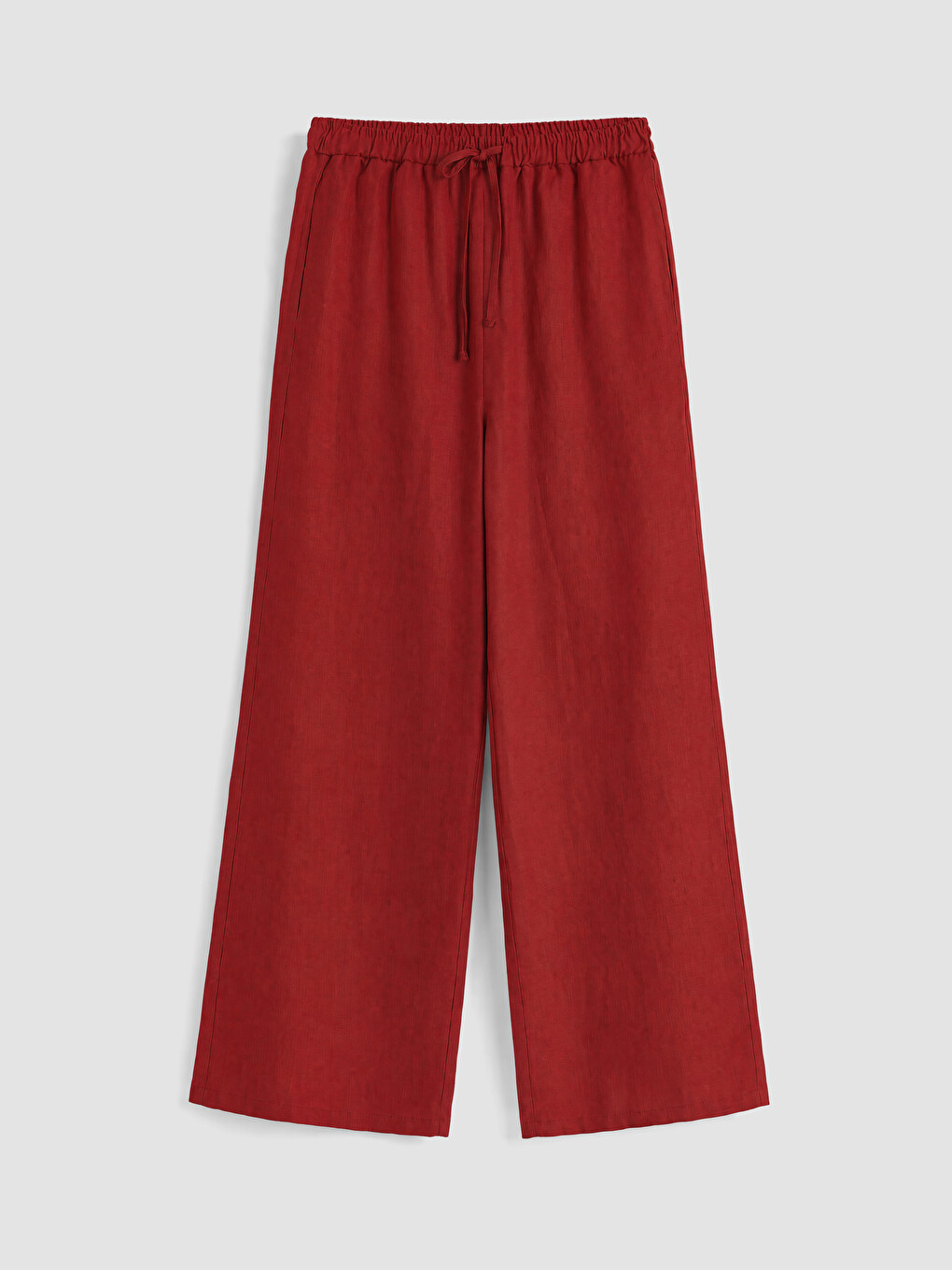 Kırmızı Beli Lastikli Kadın %100 Keten Pantolon