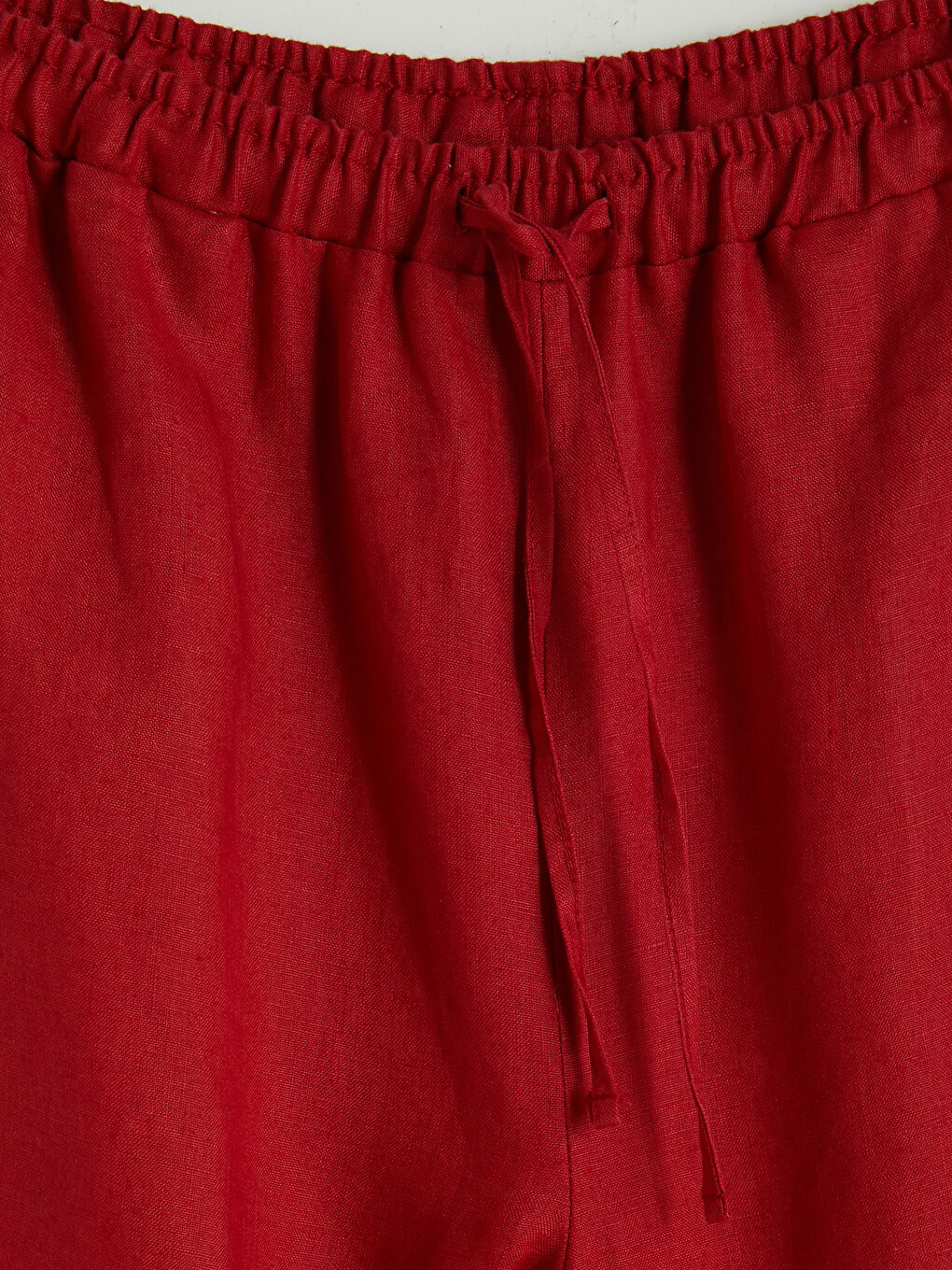 Kırmızı Beli Lastikli Kadın %100 Keten Pantolon-2