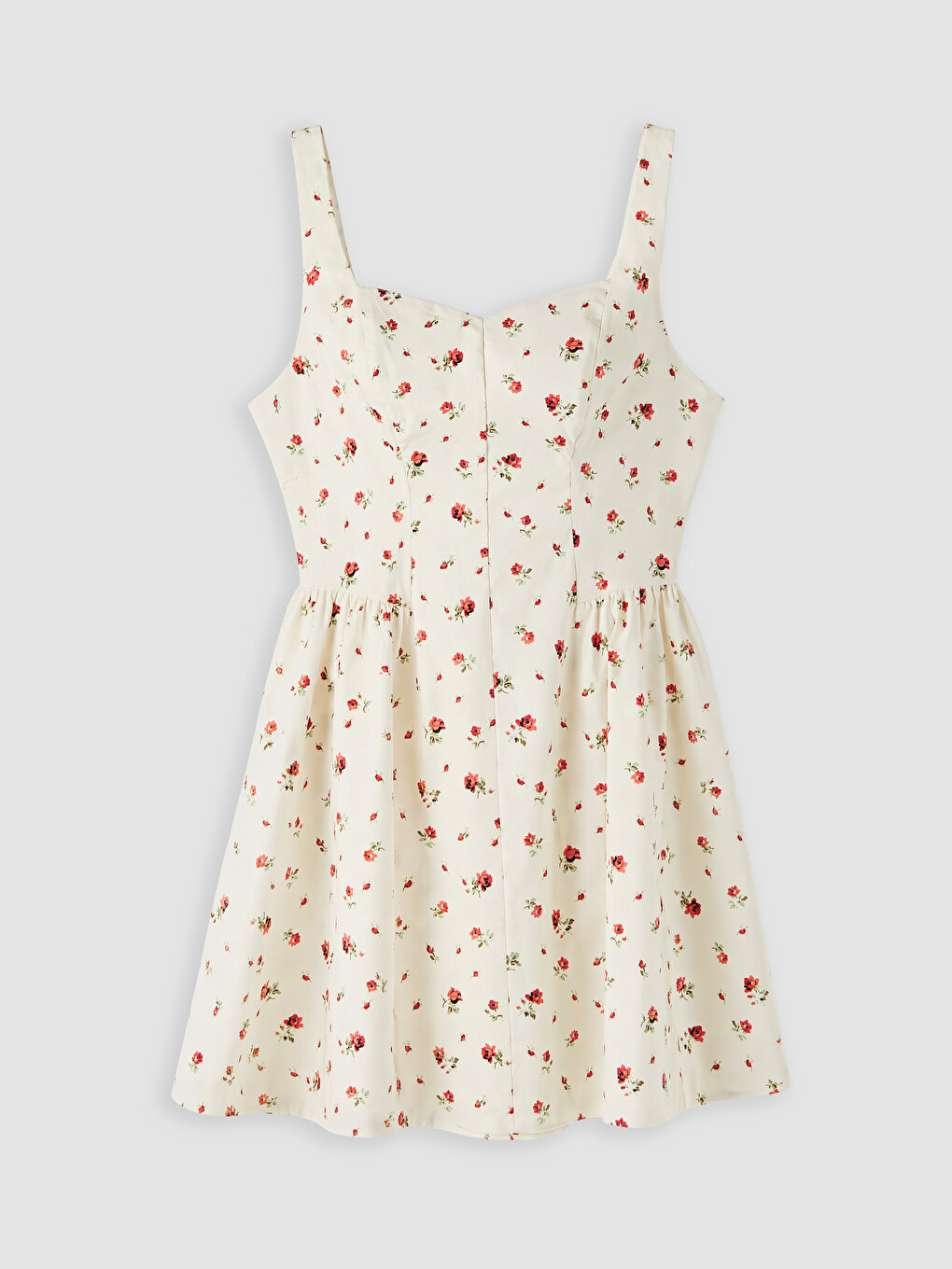 Beyaz Kalp Yaka Belden Oturtmalı Poplin Mini Elbise-4