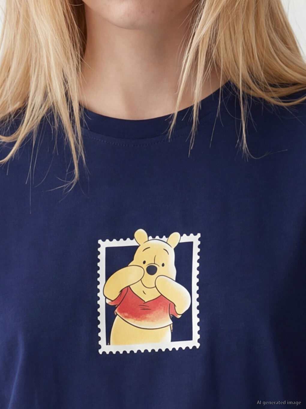 Lacivert Winnie the Pooh Baskılı %100 Pamuklu Kadın Tişört-2