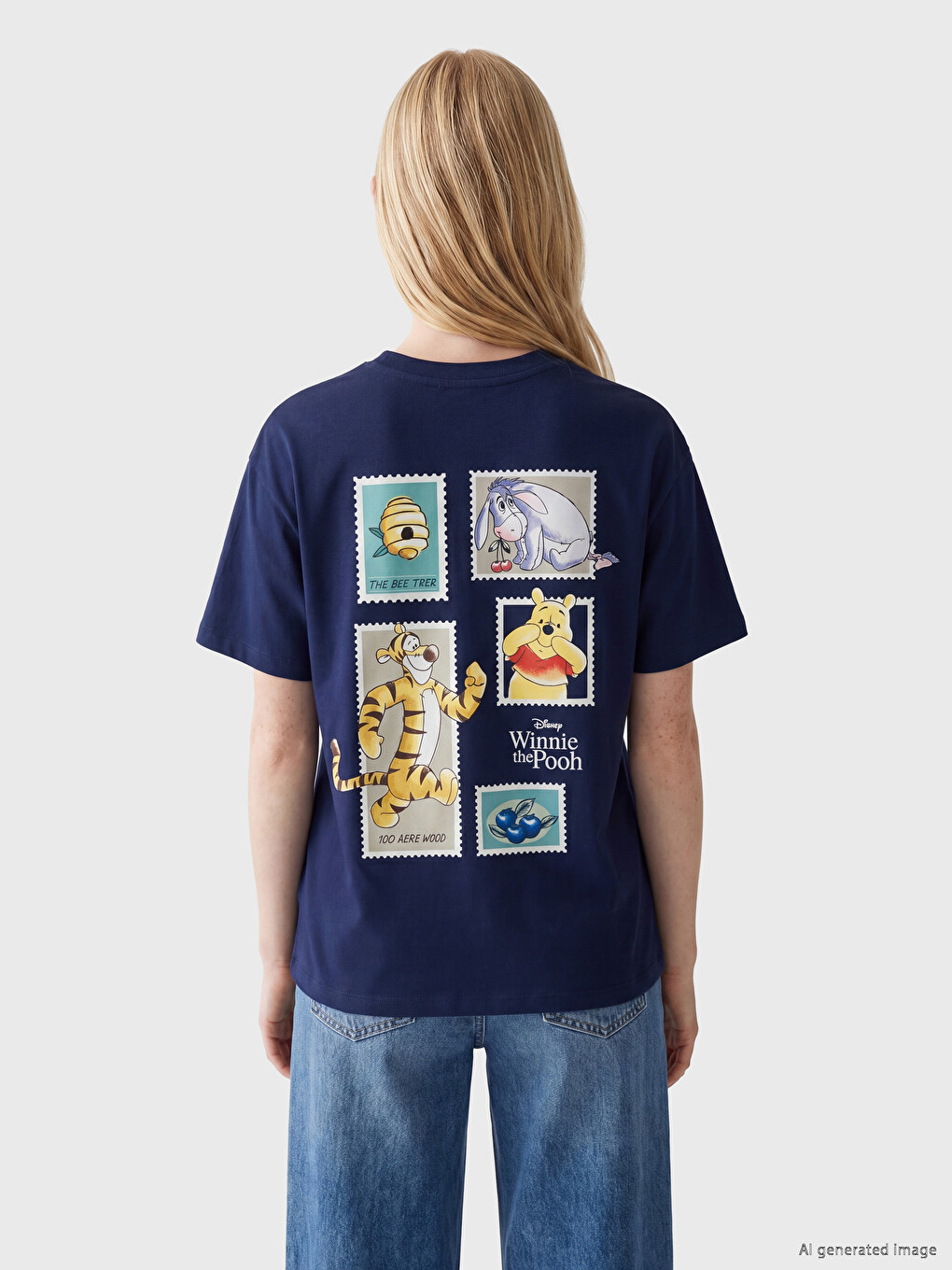 Lacivert Winnie the Pooh Baskılı %100 Pamuklu Kadın Tişört-3