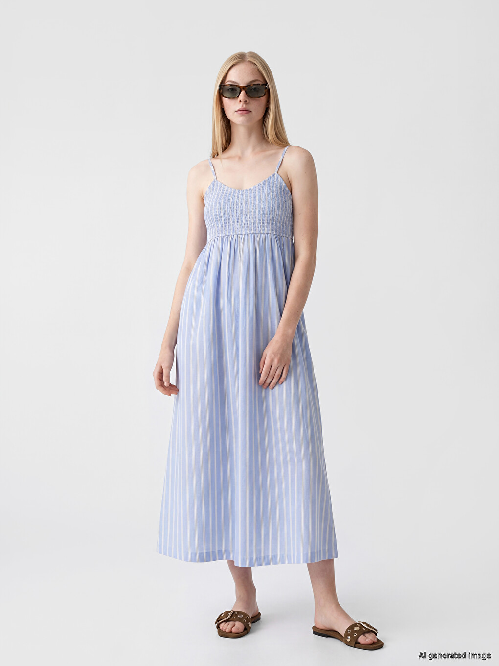 V Neck Striped Strappy Ruched Dress
