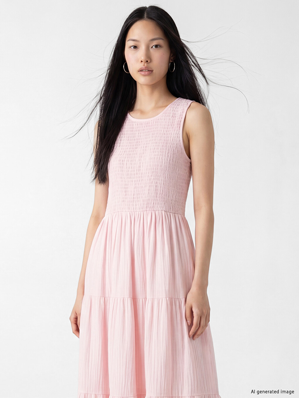 Crew Neck Shirred Muslin Tiered Dress-1