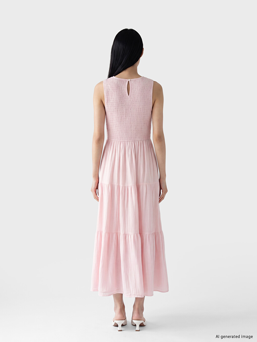 Crew Neck Shirred Muslin Tiered Dress-3