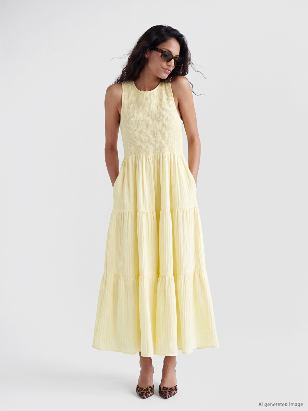 Crew Neck Shirred Muslin Layered Dress