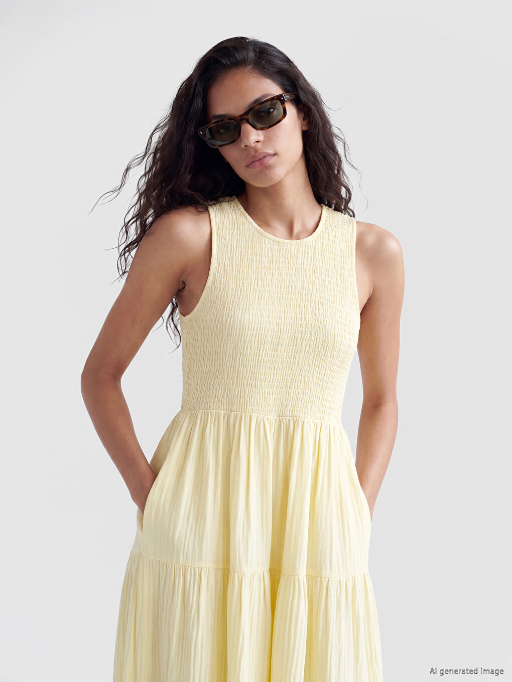 Crew Neck Shirred Muslin Layered Dress-1