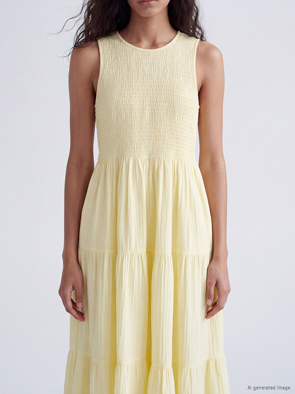 Crew Neck Shirred Muslin Layered Dress-2