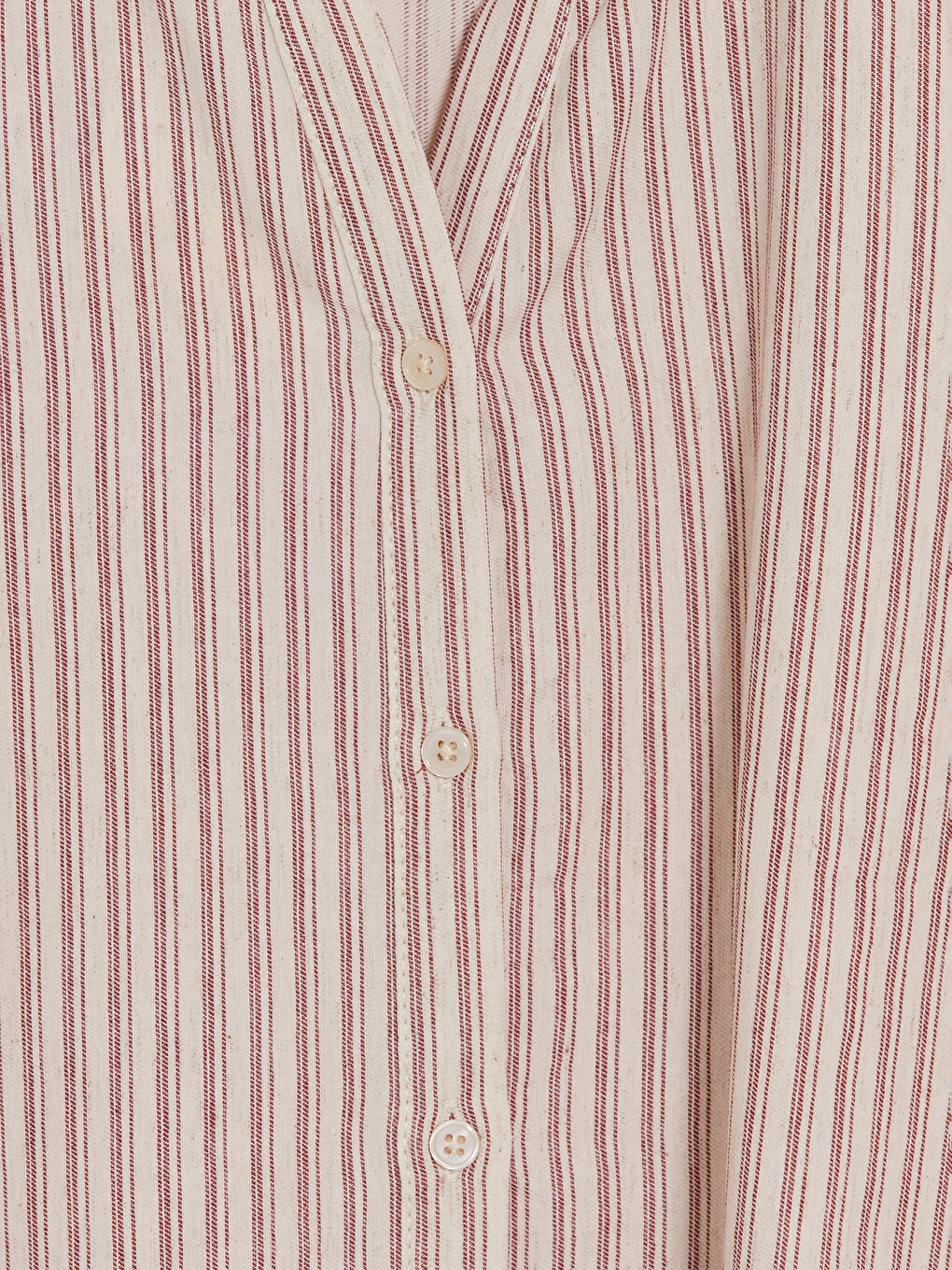 Kırmızı Kaçık Yaka Çizgili Keten Karışımlı Kadın Gömlek-1