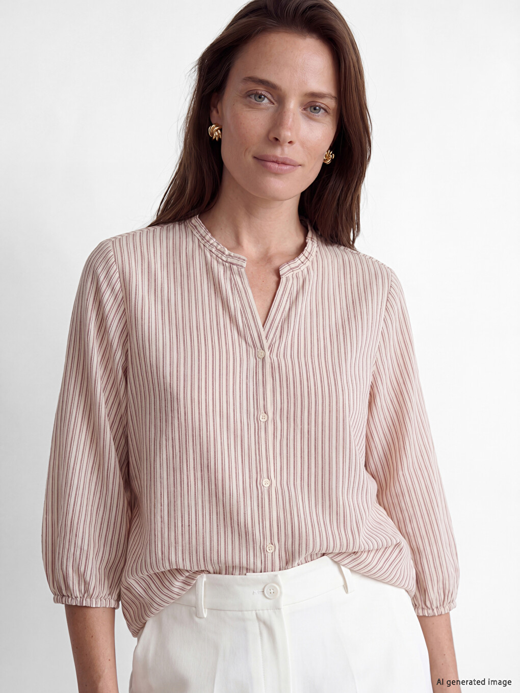 Notch Neck Striped Linen Blend Women's Shirt