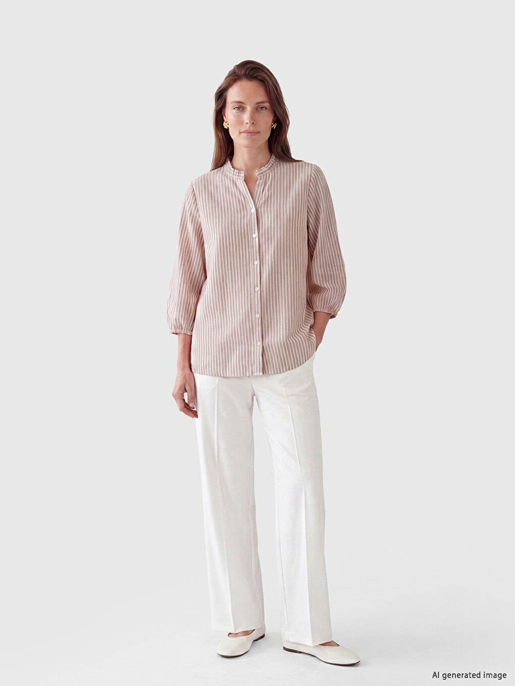 Notch Neck Striped Linen Blend Women's Shirt-1