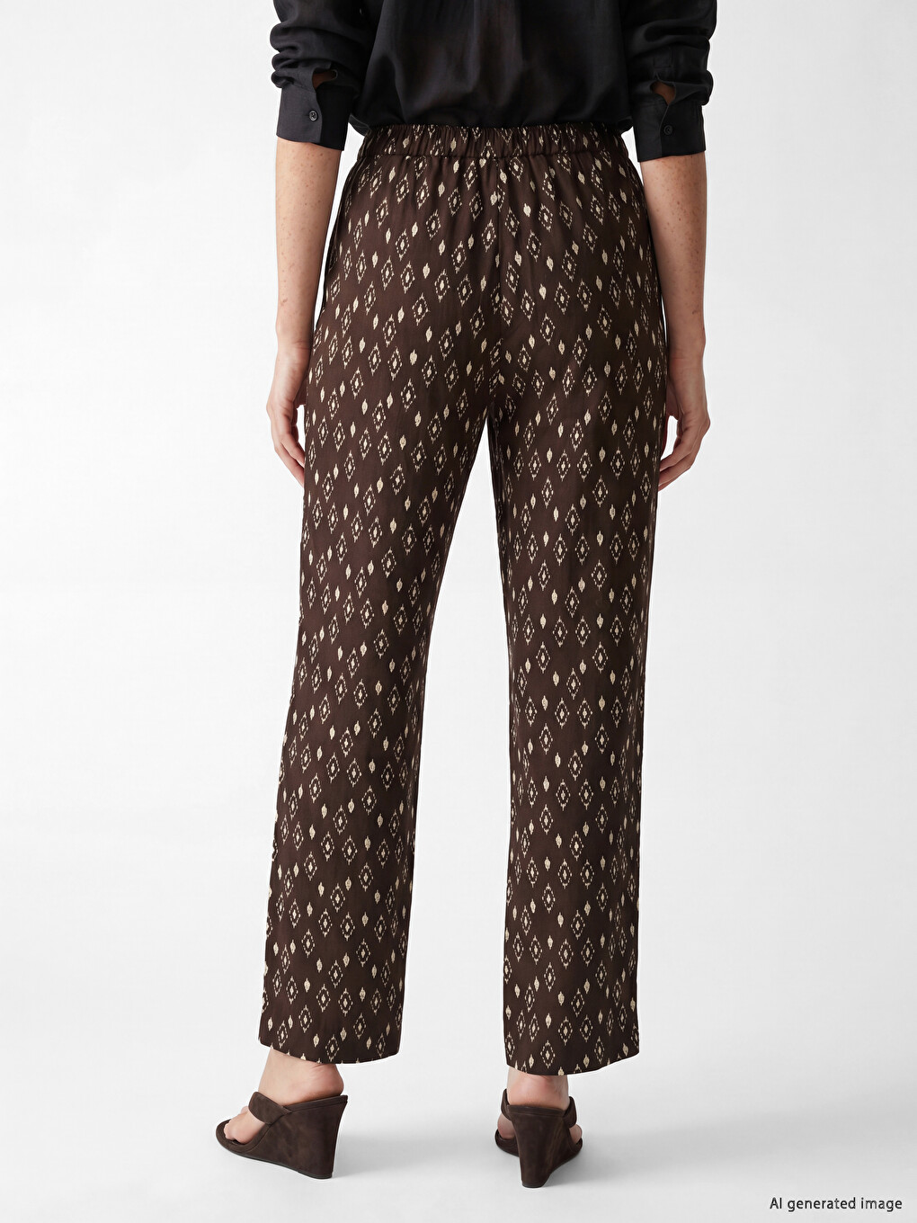 Kahverengi Geniş Paça Relax Fit Desenli Kadın Pantolon-3