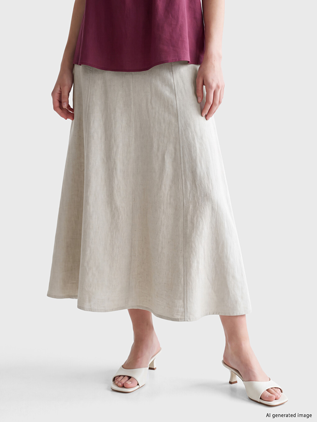 Linen Blend A-line Flared Skirt-1